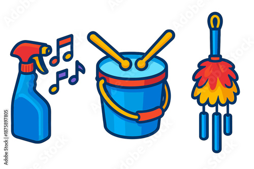 Musical Cleaning Icons. Isometric vector illustration set Musical Instruments for Home Cleaning: spray bottle releasing musical