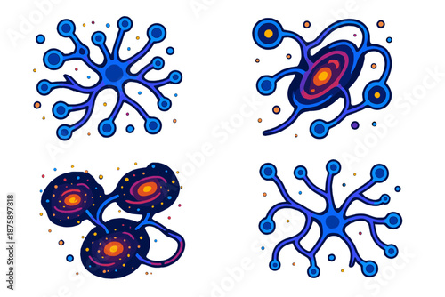 Galactic Neural Pathways. Isometric vector illustration set Galactic Maps for Neural Pathways: neural network as cosmic web,