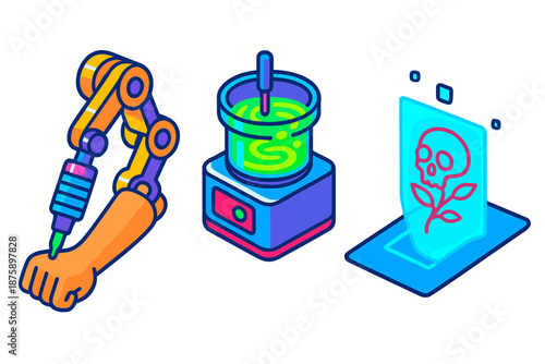 Bio-Mechanical Tattoo Tools. Isometric vector illustration set Bio-Mechanical Tattoo Artist Tools: exoskeleton-mounted tattoo rig,