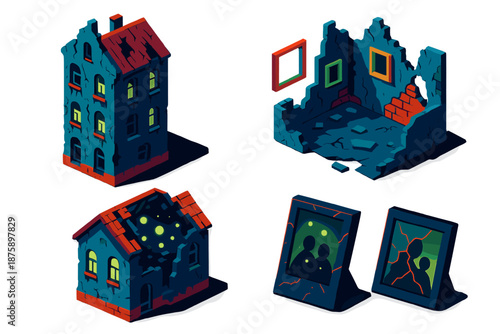 Ghostly Architectural Memories. Isometric vector illustration set Architectural Models of Forgotten Memories: ghostly townhouse