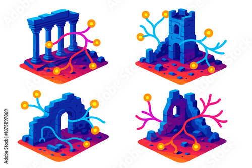 Ruins as Neurons. Isometric vector illustration set Architectural Ruins as Neural Pathways: fragmented palaces with glowing
