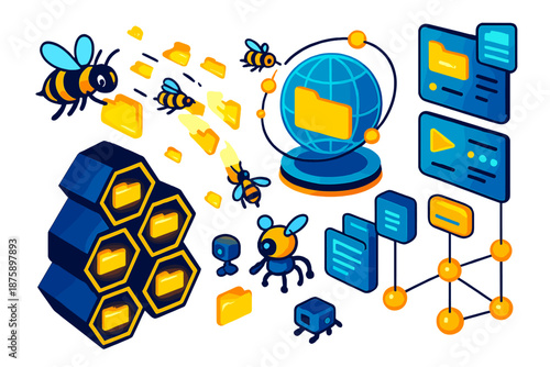 Bees Digital Storage. Isometric vector illustration set Bees organizing digital file storage: hive-shaped digital storage units,