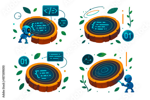 Tech-Infused Tree Rings. Isometric vector illustration set Tree rings storing code: floating glowing cross-sections of tree trunks