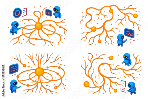 Glowing Mycelium Network. Isometric vector illustration set Mushroom roots as networks: floating glowing mycelium forming orbiting