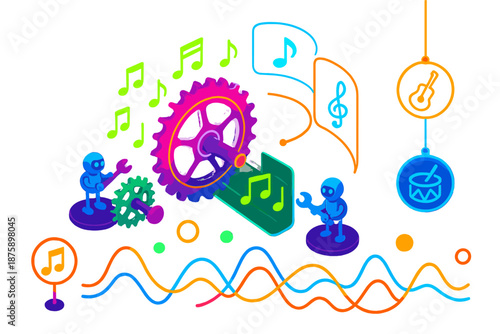 Melodic Bicycle Gears. Isometric vector illustration set Bicycle gears changing music: floating glowing bike gears projecting