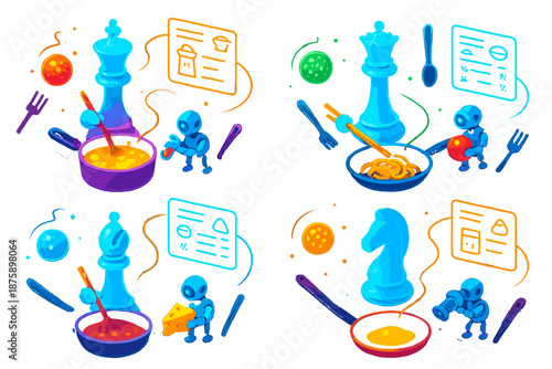 Holographic Chess Cooking. Isometric vector illustration set Chess pieces cooking recipes: floating glowing chess pieces stirring
