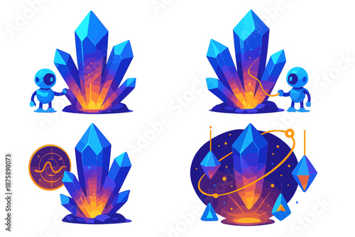 Glowing Crystal Energy. Isometric vector illustration set Crystal formations storing light: floating glowing crystal formations