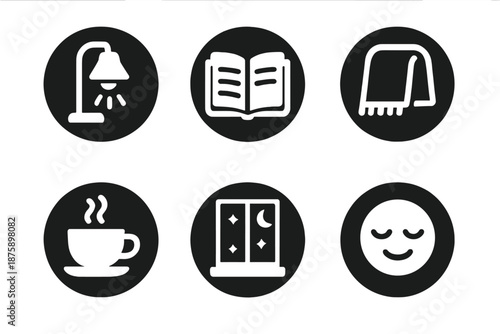 Cozy Night Reading. Solid style round vector icons of nighttime reading: lamp light, novel, blanket, cup, starry window, relaxed