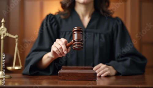 Female judge in black robe holds wooden gavel above sounding block at courthouse desk. Scales of justice are nearby. Courtroom scene implies legal verdict, trial, and justice.