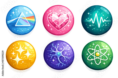 Scientific Beauty Icons. Solid style round vector icons of scientific beauty: prism, crystal heart, waveform, neuron, sparkle,