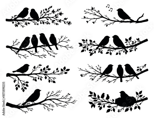 Decorative bird and branch set featuring songbirds, a couple, and a nest with chicks for natural spring themes