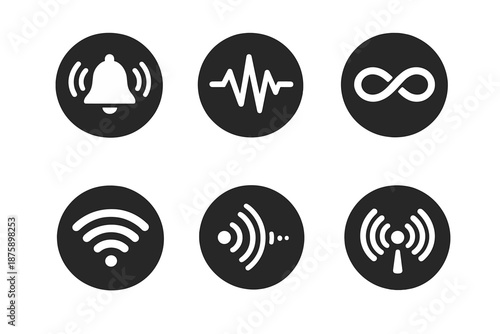 Rhythmic Connection Icons. Solid style round vector icons of rhythmic connection: bell, waveform, loop, pulse arc, echo curve,