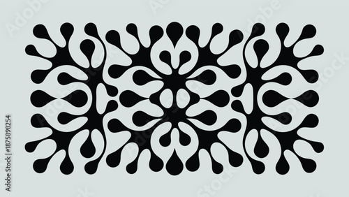 Intricate web like pattern of interconnected black soli shapes on light gray background for design