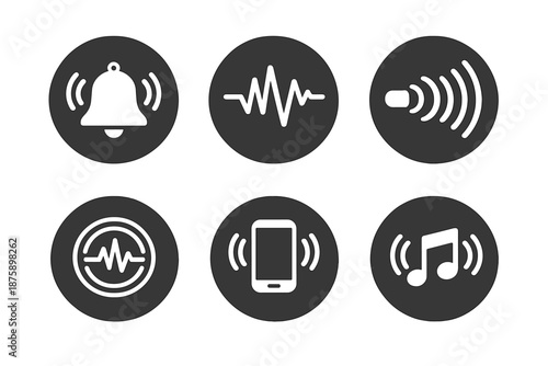Sound Resonance Icons. Solid style round vector icons of sound resonance: bell, waveform, echo line, pulse ring, vibration, tone