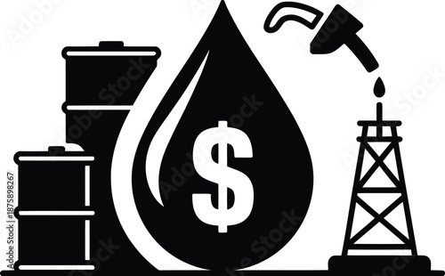  illustration of an oil pump jack and nozzle with gold money symbols and a cash bag representing a successful business investment in the global financial market