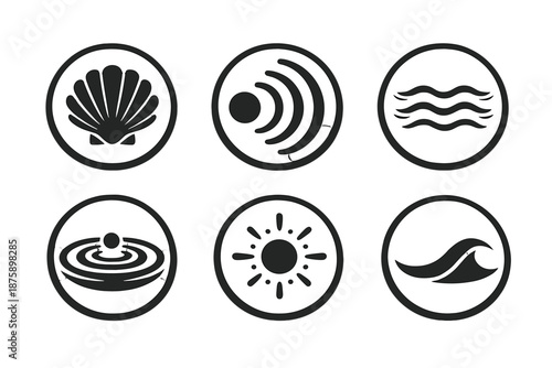 Memory and Reflection Icons. Solid style round vector icons of memory and reflection: shell, echo, wave, ripple, glow, curve No
