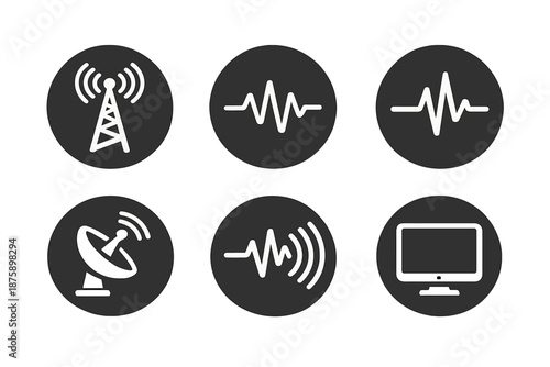 Broadcast Design Icons. Solid style round vector icons of broadcast design: tower, waveform, pulse, antenna ring, echo, monitor No