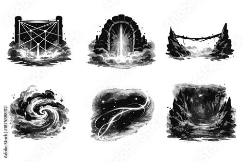 Tension and Mystery Icons. Solid style icons of tension and mystery: stringbeam, foggate, stretched line, mist swirl, glowing