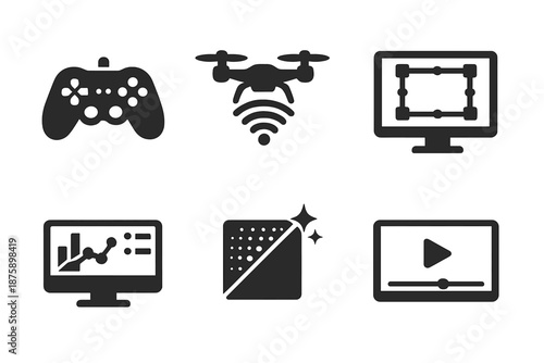 Real-Time Design Icons. Solid style icons of real-time design: control pad, drone signal, monitor frame, data overlay, color