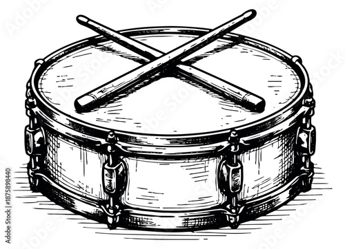 Hand drawn line art illustration of a snare drum and drumsticks depicting drumsticks resting on a drum for music themed designs