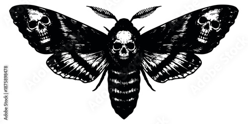 Hand drawn line art illustration of a deaths head moth depicting skull markings for halloween designs