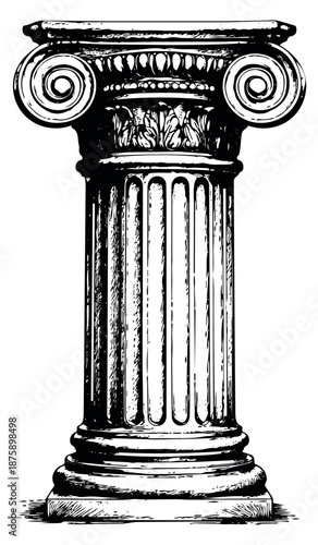 Hand drawn line art illustration of an ionic column depicting classical architectural design for historical projects