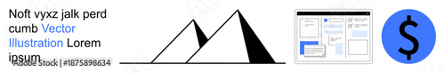 Financial management, data analysis, e-commerce, budgeting, business strategy, design concepts. A pyramid, webpage layout and dollar sign. Financial management and data analysis concepts