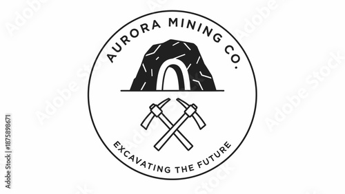 Aurora Mining Co Logo with Pickaxes and Mine.