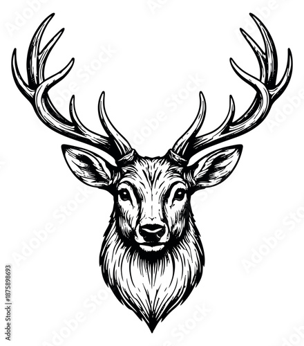 Hand drawn line art illustration of a stag head depicting majestic antlers for wilderness and outdoor designs
