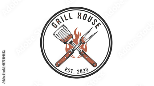 Grill House Logo with Utensils and Flame.