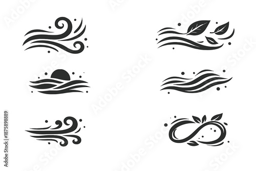 Organic Motion Icons. Solid style icons of organic motion: wind swirl, leaf drift, horizon band, curved flow, air stream, natural