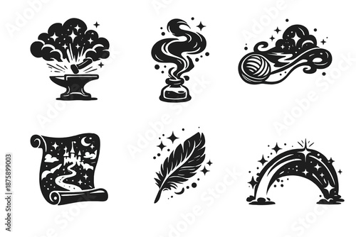 Atmospheric Icon Set. Solid style icons of Atmospheric Narrative: forge cloud, ink swirl, creative thread, story line, soft plume,