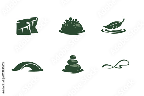 Subtle Stillness Icons. Solid style icons of Subtle Stillness: cliff line, moss dot, floating leaf, gentle arc, rock node, soft