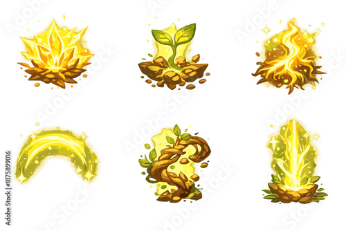 Radiant Origin Icons. Solid style icons of Radiant Origin: spark node, clay sprout, luminous root, glowing arc, earthen thread,