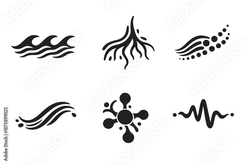 Patterned Flow Icons. Solid style icons of Patterned Flow: wave line, root curve, ripple thread, flowing arc, deep node, organic