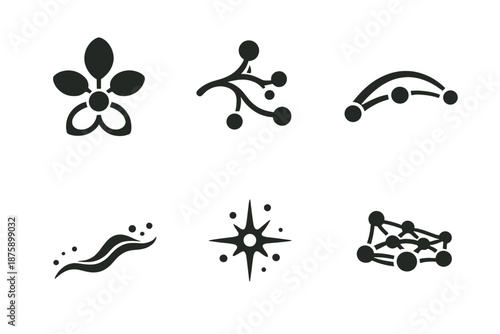 Natural Icons Fusion. Solid style icons of Natural Computation: petal node, branch thread, signal arc, flowing line, luminous