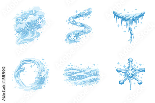 Ethereal Freeze Icons. Solid style icons of Ethereal Freeze: mist mesh, flake path, frozen thread, airy arc, snow ripple, delicate