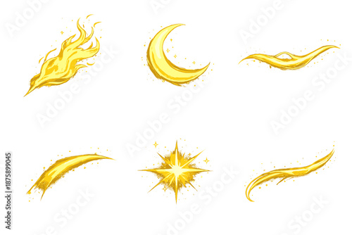 Hidden Energy Icons. Solid style icons of Hidden Energy: fire veil, moon trail, glowing line, soft arc, radiant pulse, reflective