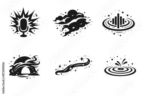Hidden Voice Icons. Solid style icons of Hidden Voice: voice flare, dust veil, sound pulse, obscured arc, luminous thread, soft