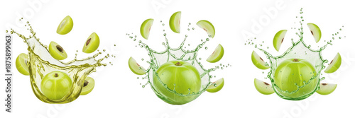Fotografie Amla fruit Phyllanthus emblica, amla with juice splash, indian gooseberry emblic