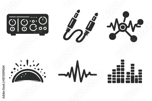 Audio Interface Icons. Solid style icons of Audio Interface: trace panel, sound lace, waveform node, glowing arc, pulse thread,