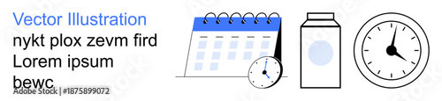 Time management, daily schedules, productivity tracking, healthy habits, meal planning, organized lifestyle. ion of a calendar, clock and milk carton. Time management and daily schedules concept