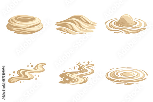 Harmonized Terrain Icons. Solid style icons of Harmonized Terrain: light nest, sand arc, soft pulse, flowing thread, luminous line