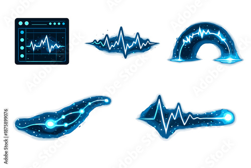Sonic Visualization Icons. Solid style icons of Sonic Visualization: trace panel, sound thread, waveform arc, luminous node,