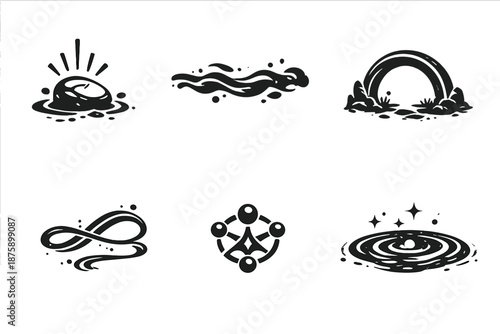 Air-Ground Icon Medley. Solid style icons of Air-Ground Harmony: stone pulse, mist line, grounded arc, flowing thread, soft node,