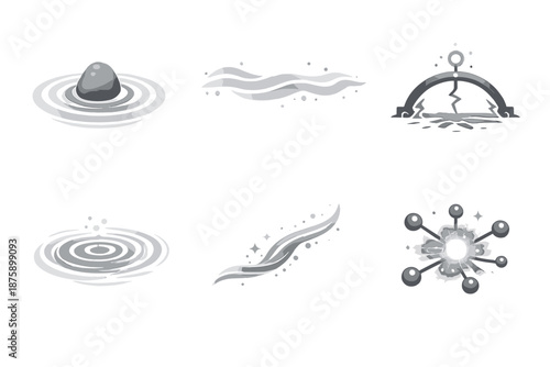 Subtle Resonance Icons. Solid style icons of Subtle Resonance: stone pulse, mist line, grounded arc, soft ripple, flowing thread,