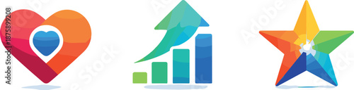 Symbolic Geometric Icons. Mission-led brand identity expressed through confident flat geometry, three symbolic icons arranged