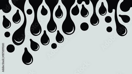 Black liquid droplets falling down on gray background vector illustration with solid shapes