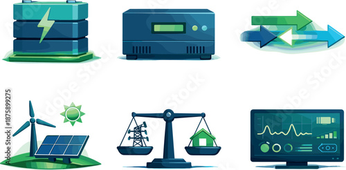Grid Stability Tech. Energy storage technology scene representing grid stability, six symbolic objects arranged in two horizontal