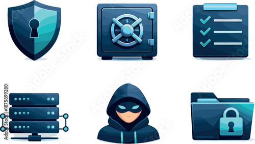 Iconic Data Security Symbols. Information safety composition expressing confidentiality and trust, six symbolic objects arranged